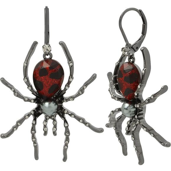 Betsey Johnson Spider Drop Earrings Pearl Halloween Red - Picture 4 of 4
